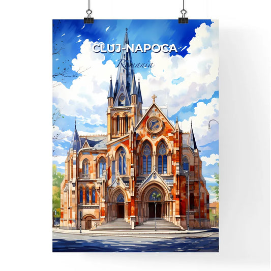 Cluj-Napoca, Romania, A Poster of a building with a steeple and a blue sky with clouds Default Title
