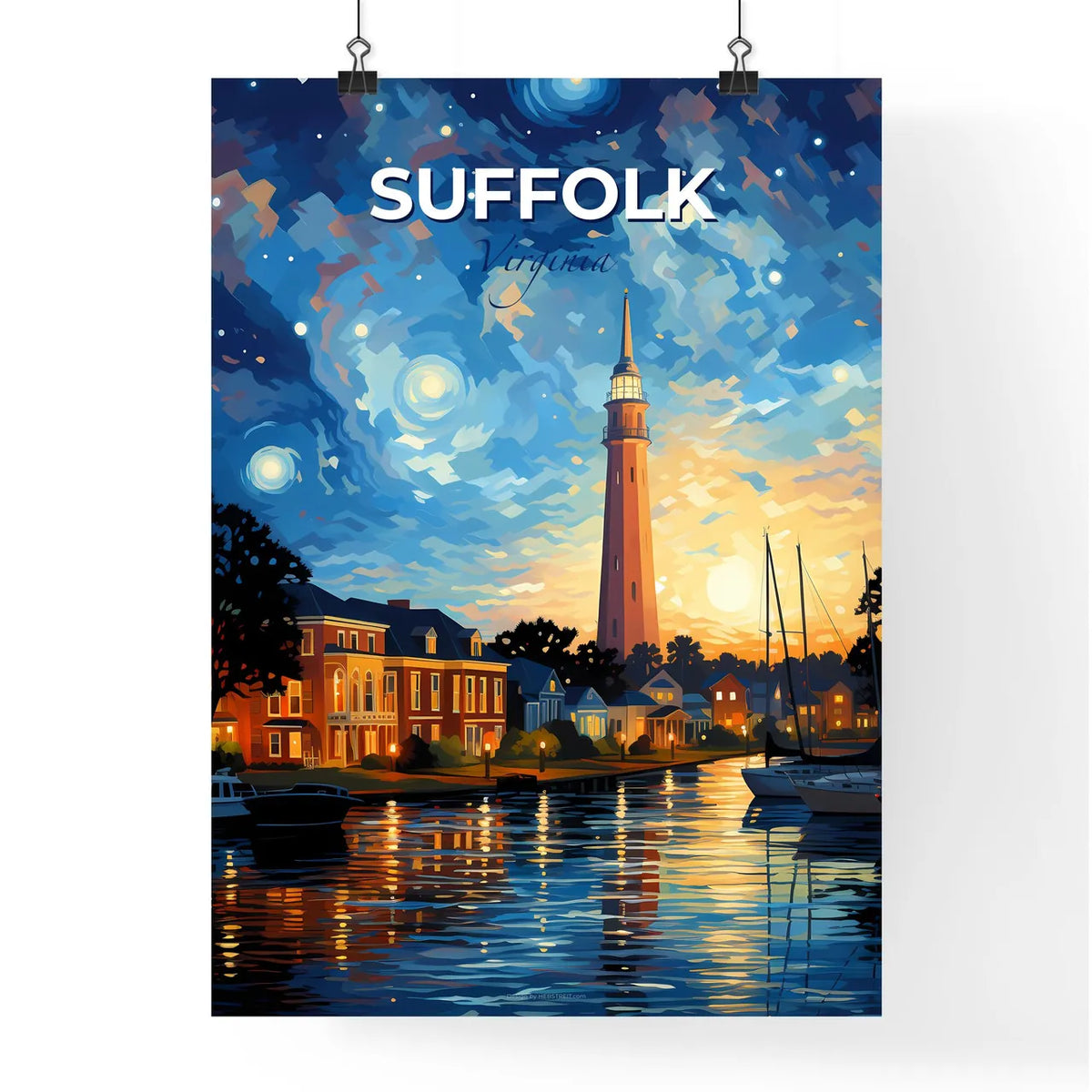 Suffolk, Virginia, A Poster of a water body with boats and a tower in the background Default Title