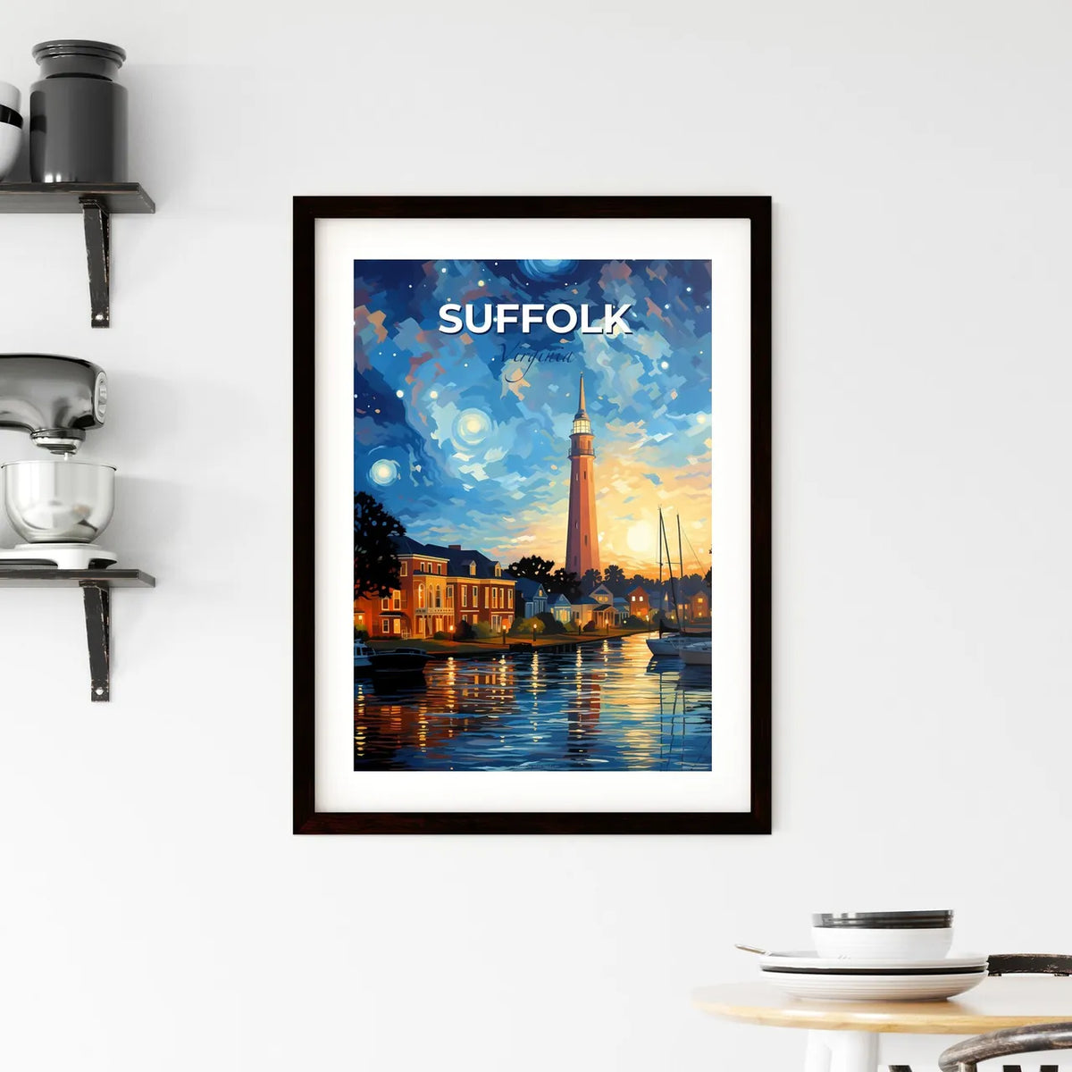 Suffolk, Virginia, A Poster of a water body with boats and a tower in the background Default Title