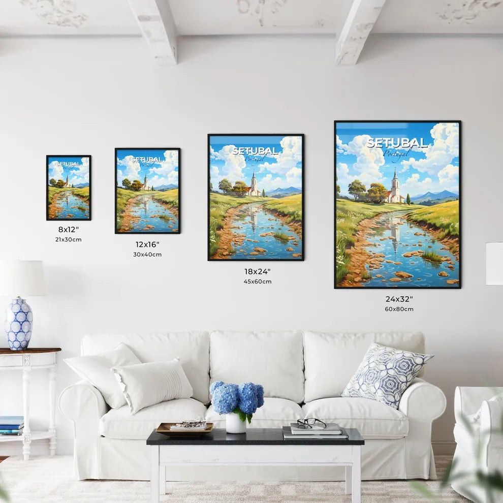 Setubal, Portugal, A Poster of a stream of water with a church in the background Default Title