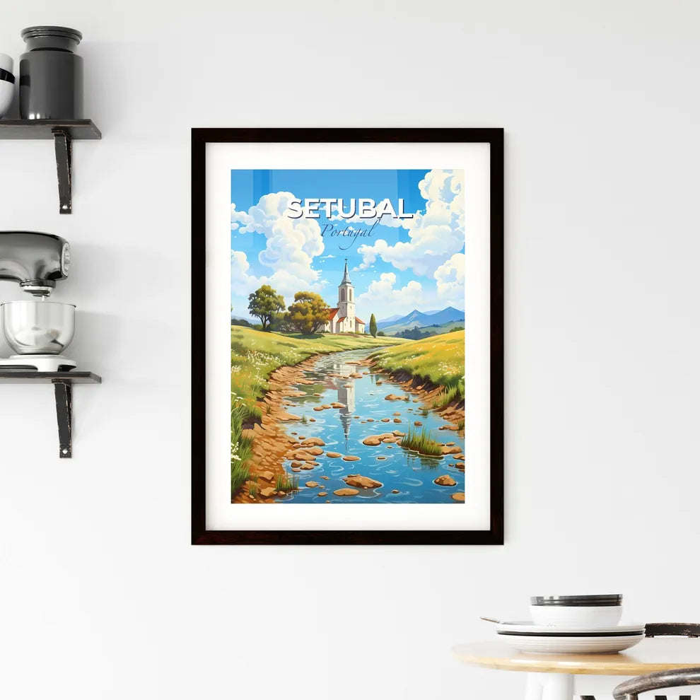 Setubal, Portugal, A Poster of a stream of water with a church in the background Default Title