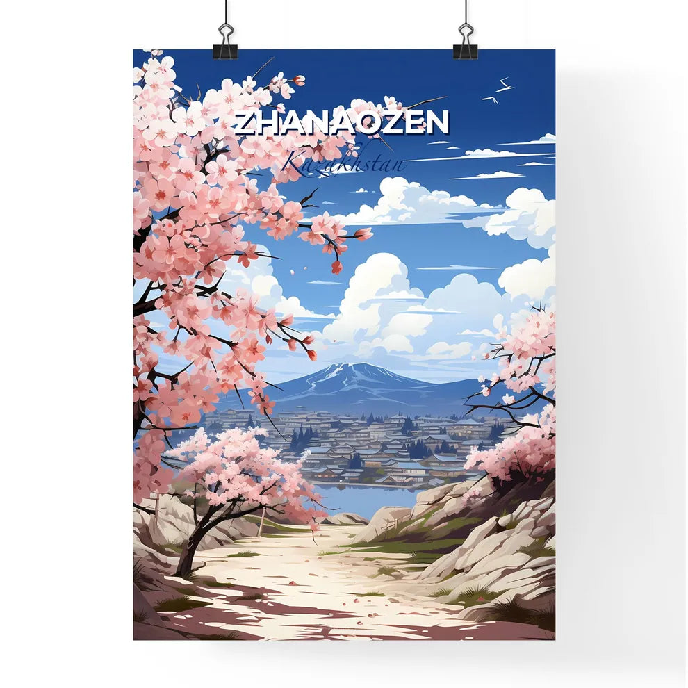 Zhanaozen, Kazakhstan, A Poster of a landscape with pink flowers and a mountain in the background Default Title
