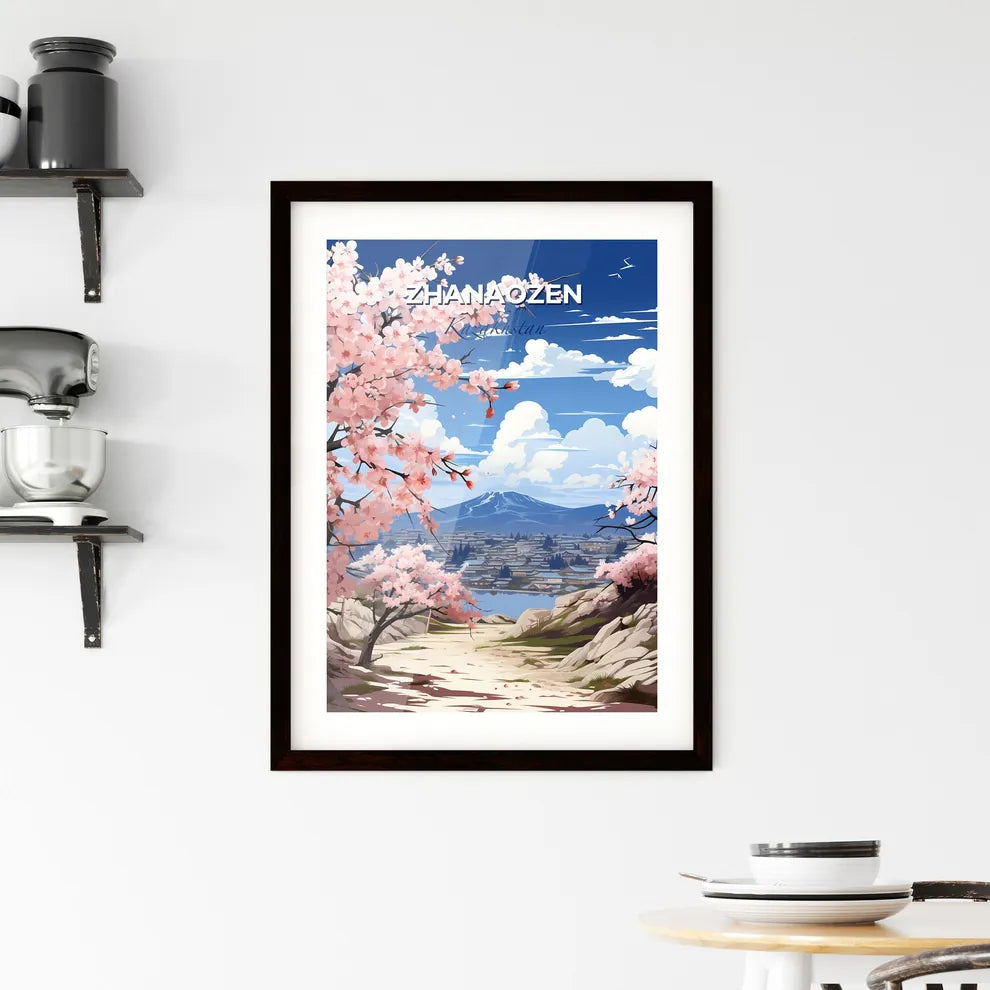 Zhanaozen, Kazakhstan, A Poster of a landscape with pink flowers and a mountain in the background Default Title