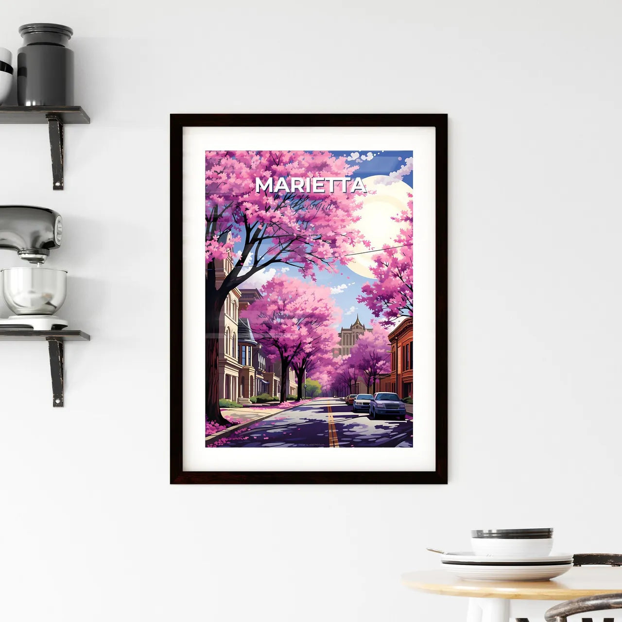 Marietta, Georgia, A Poster of a street with pink trees and buildings Default Title