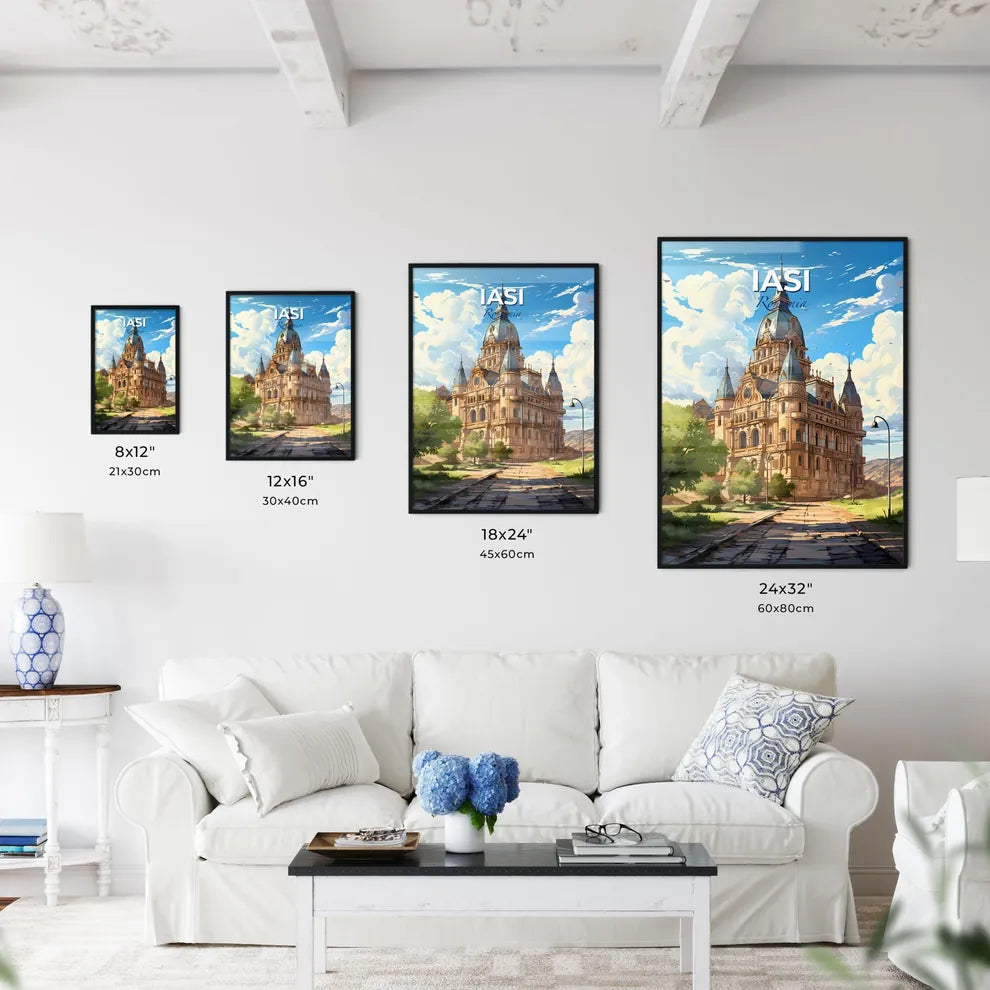 Iasi, Romania, A Poster of a large stone building with a steeple and trees Default Title