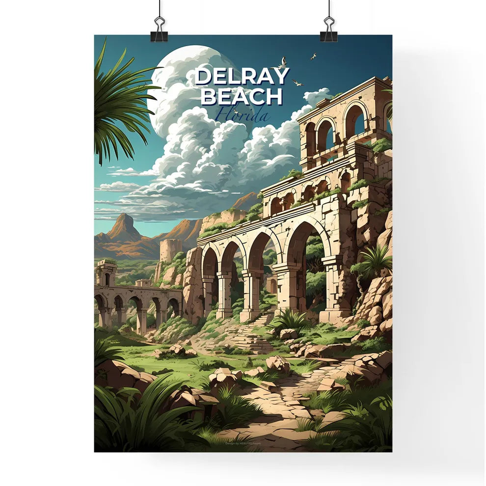 Delray Beach, Florida, A Poster of a stone structure with arches and trees Default Title