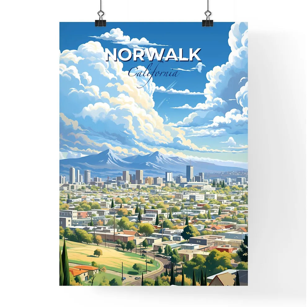 Norwalk, California, A Poster of a city with trees and mountains in the background Default Title
