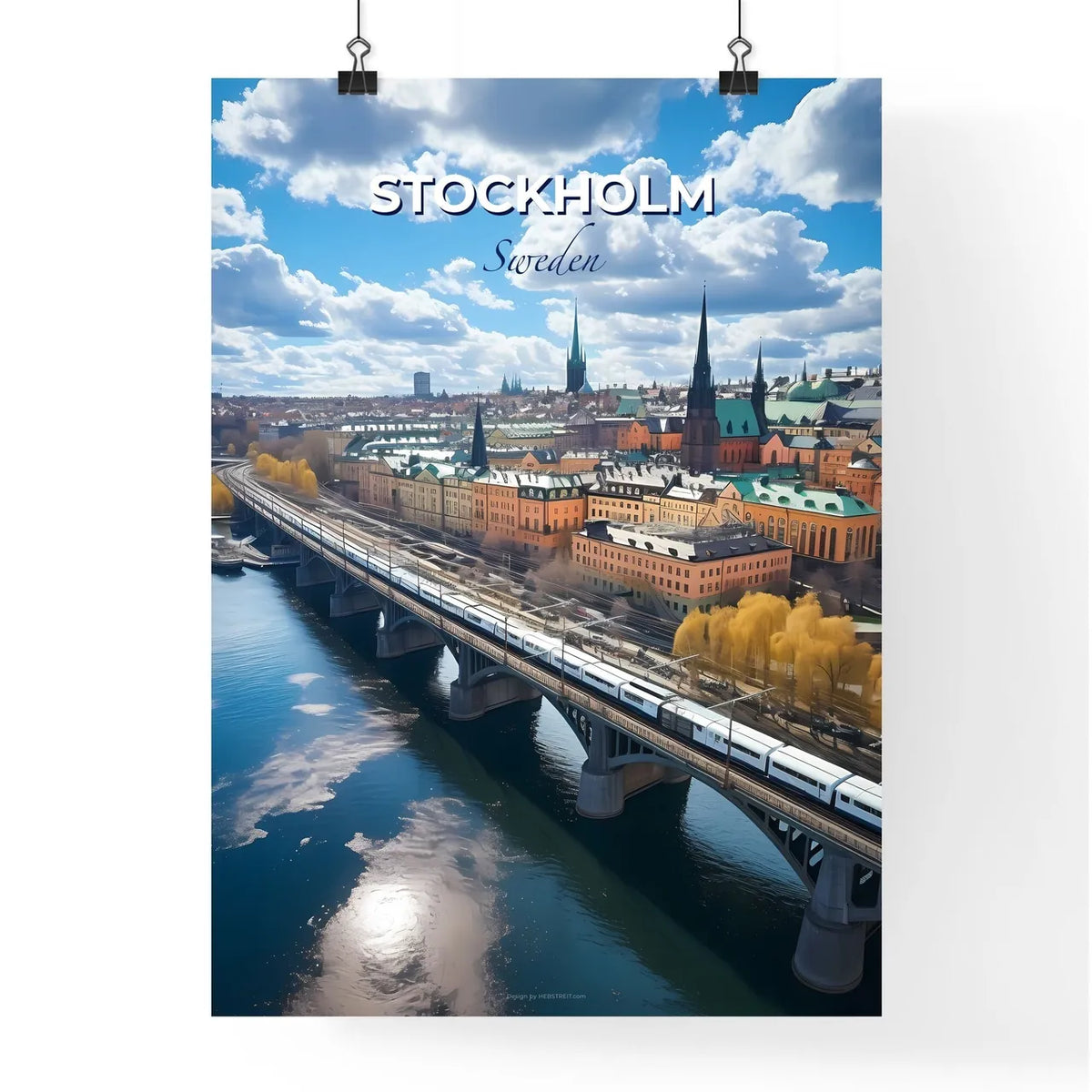Stockholm, Sweden, A Poster of a train on a bridge over a river Default Title