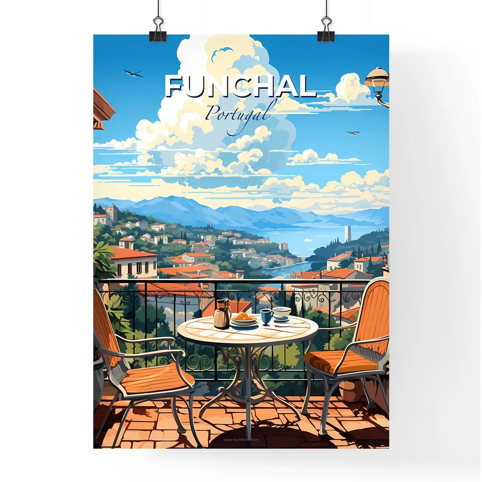 Funchal, Portugal, A Poster of a table and chairs on a balcony overlooking a city Default Title