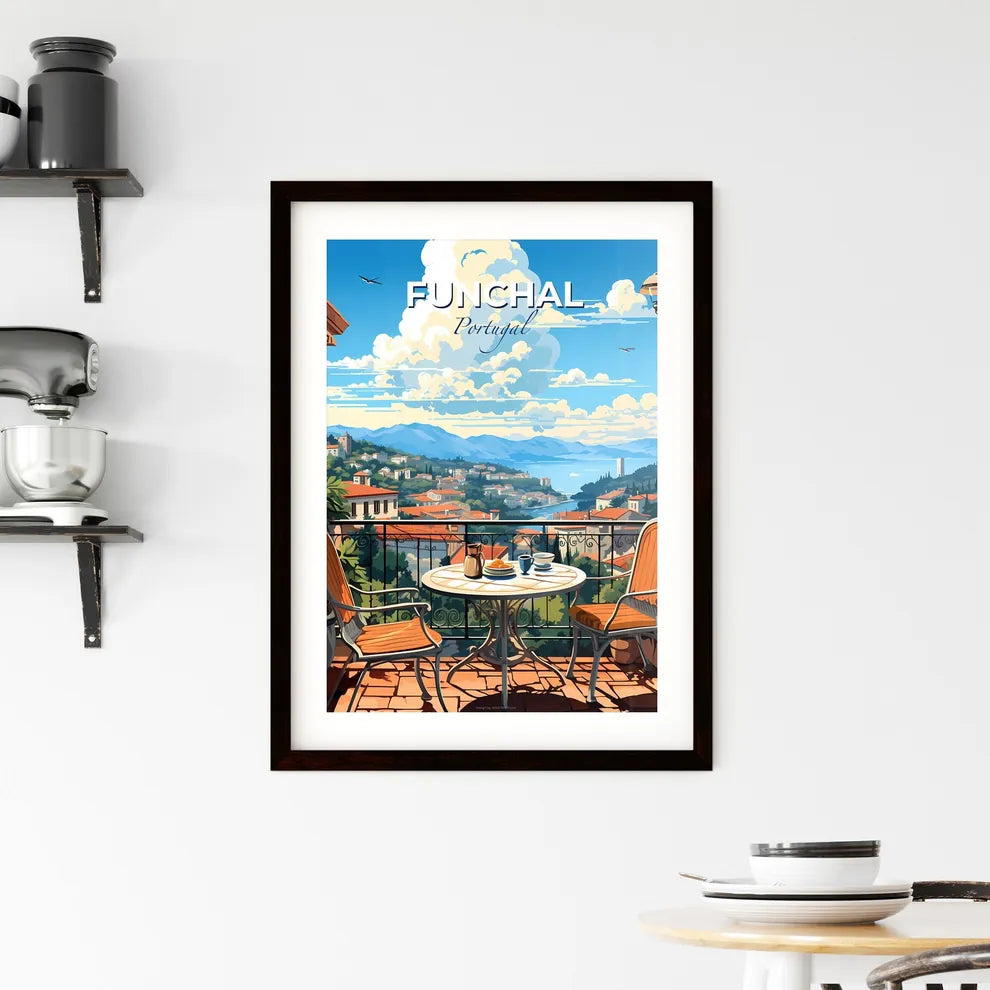 Funchal, Portugal, A Poster of a table and chairs on a balcony overlooking a city Default Title