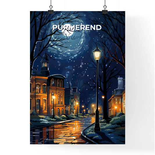 Purmerend, Netherlands, A Poster of a street with trees and a street lamp and a moon Default Title