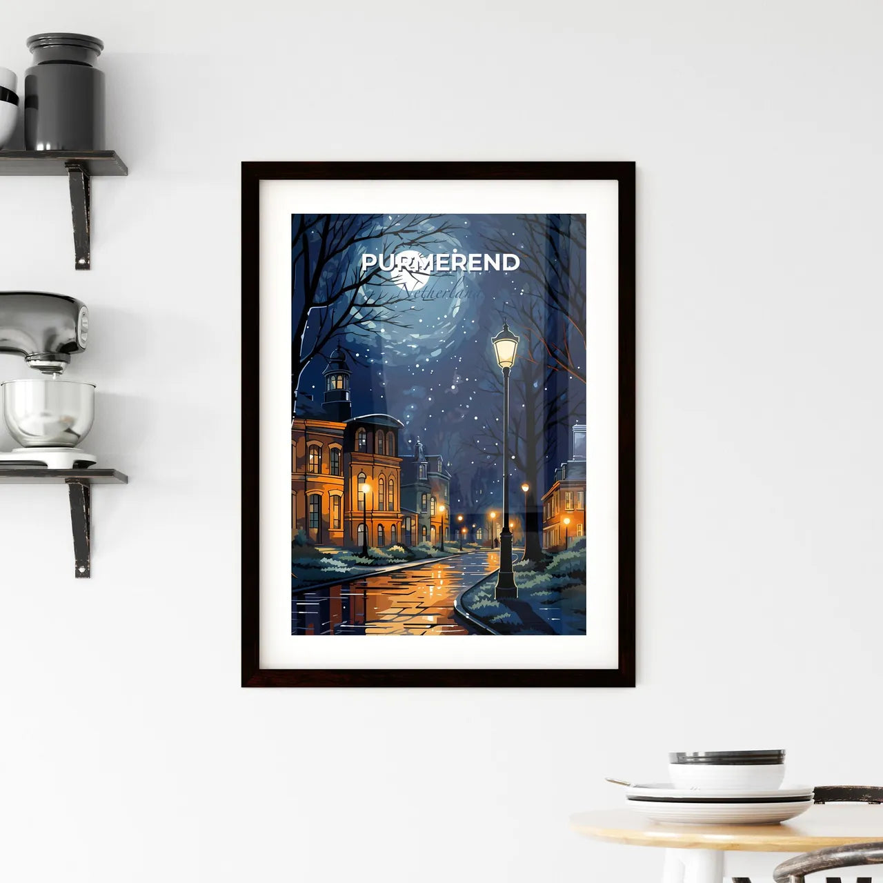 Purmerend, Netherlands, A Poster of a street with trees and a street lamp and a moon Default Title