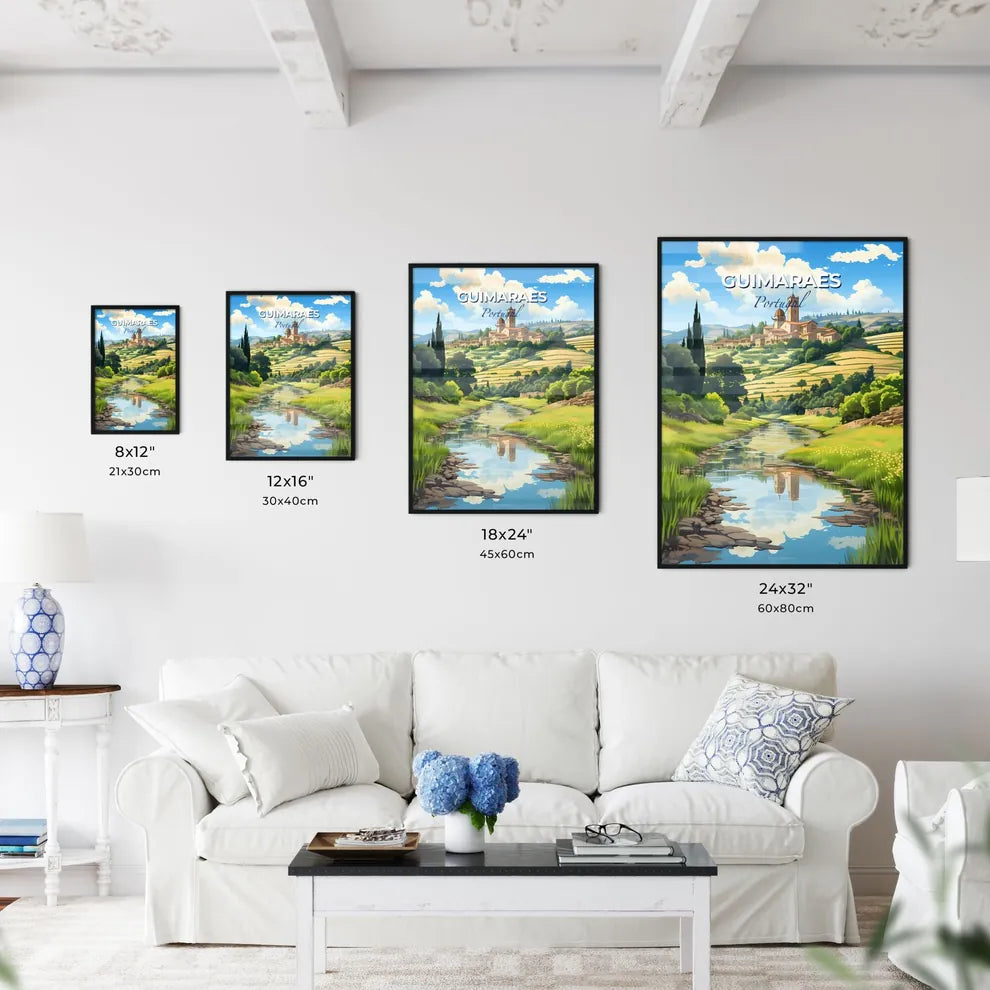 Guimaraes, Portugal, A Poster of a river running through a valley with a building and trees Default Title