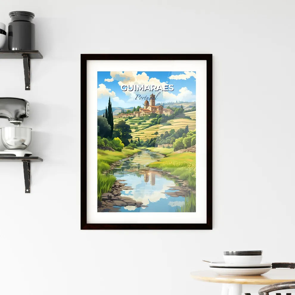 Guimaraes, Portugal, A Poster of a river running through a valley with a building and trees Default Title