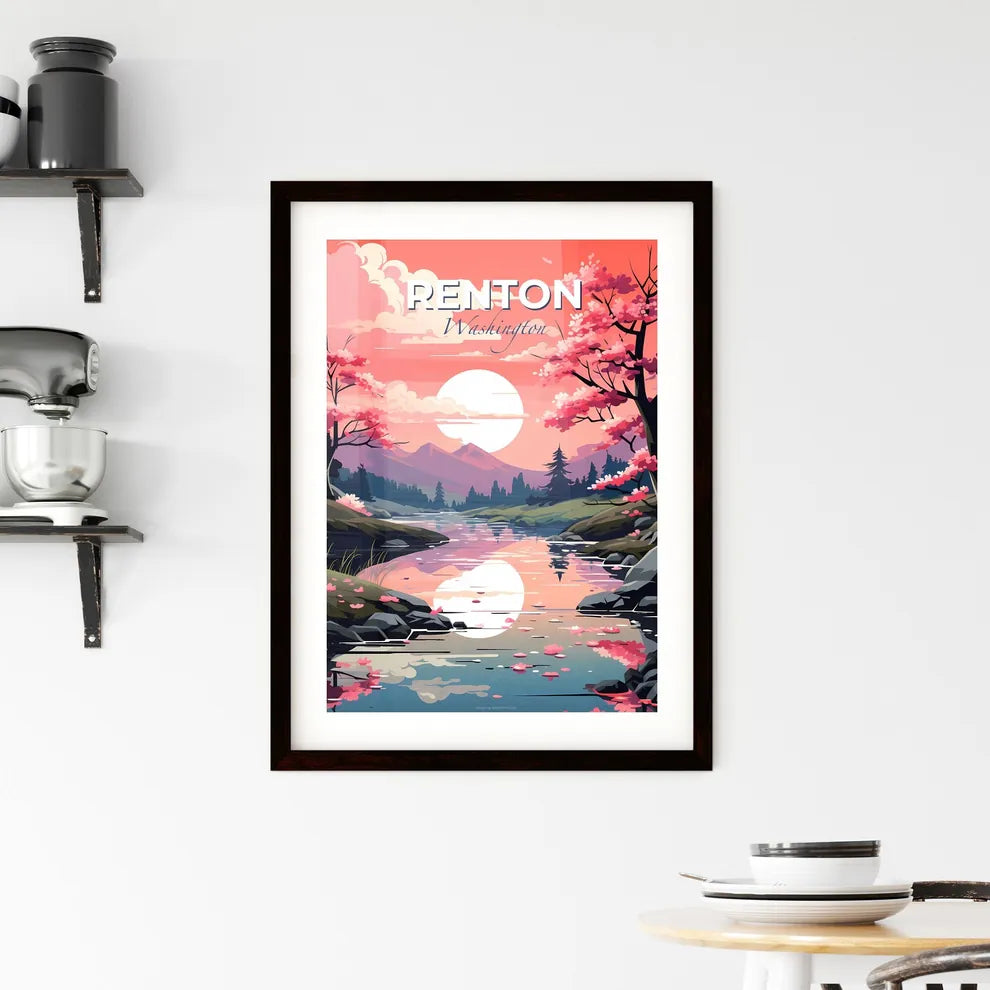 Renton, Washington, A Poster of a river with pink flowers and trees Default Title