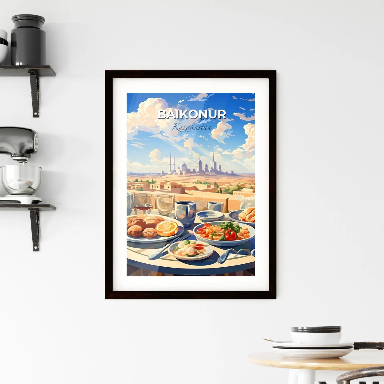 Baikonur, Kazakhstan, A Poster of a table with food on it and a city in the background Default Title