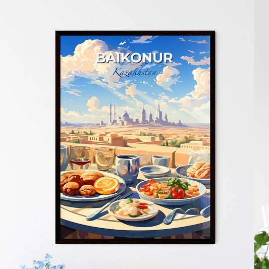 Baikonur, Kazakhstan, A Poster of a table with food on it and a city in the background Default Title