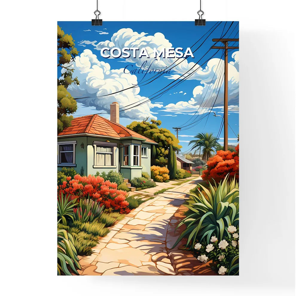 Costa Mesa, California, A Poster of a house with flowers and plants on a stone path Default Title