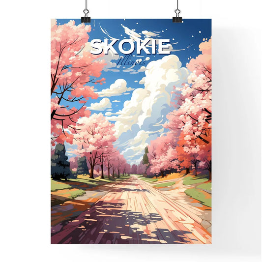 Skokie, Illinois, A Poster of a road with pink trees and blue sky Default Title