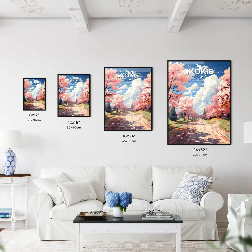 Skokie, Illinois, A Poster of a road with pink trees and blue sky Default Title
