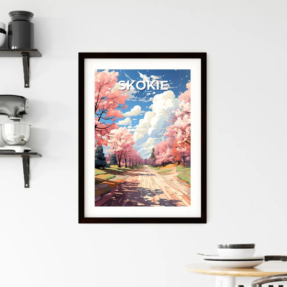 Skokie, Illinois, A Poster of a road with pink trees and blue sky Default Title