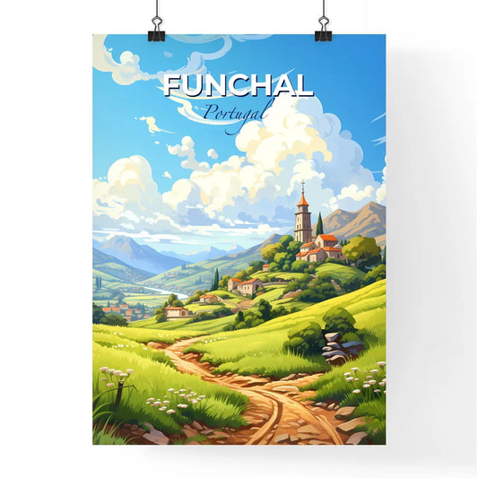 Funchal, Portugal, A Poster of a landscape of a village with a church on a hill Default Title