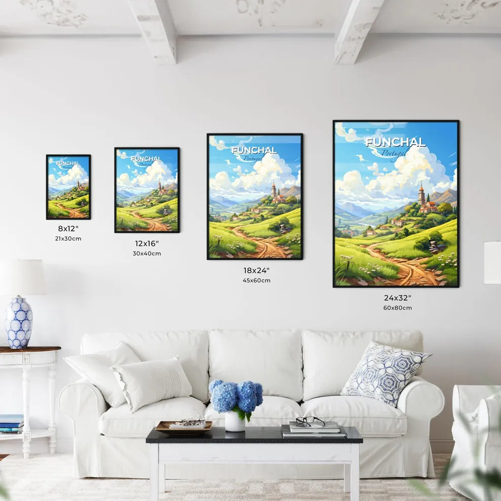 Funchal, Portugal, A Poster of a landscape of a village with a church on a hill Default Title