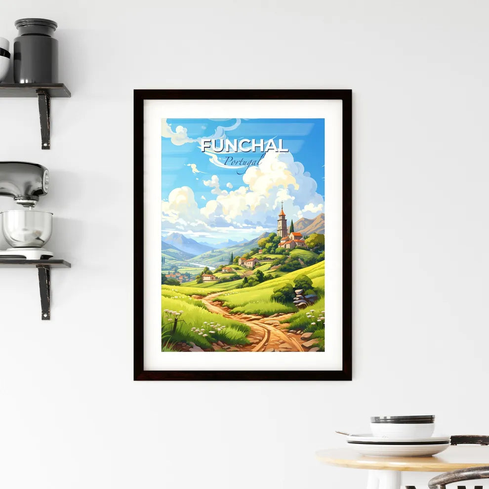 Funchal, Portugal, A Poster of a landscape of a village with a church on a hill Default Title