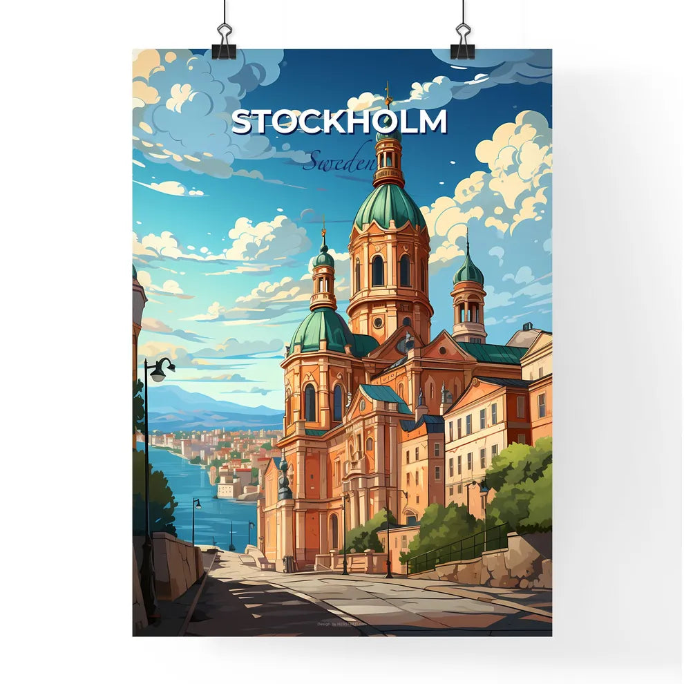 Stockholm, Sweden, A Poster of a large building with towers and a river in the background Default Title