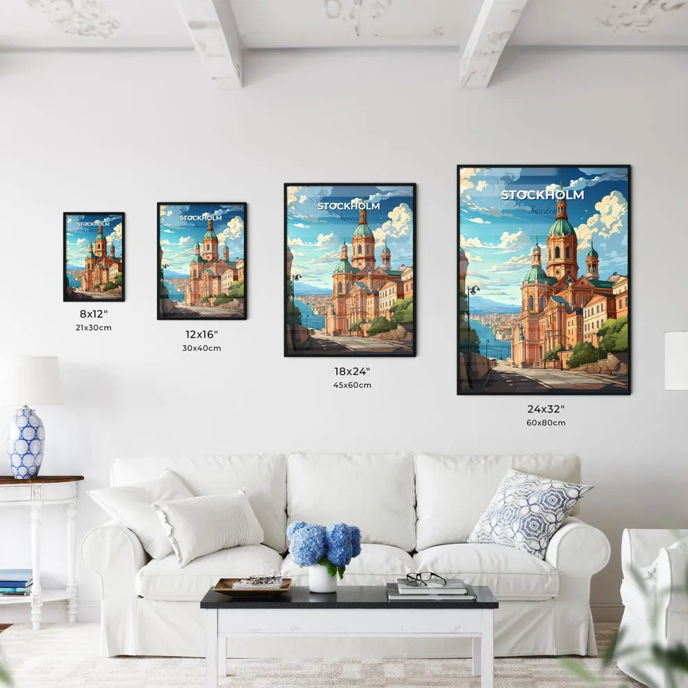 Stockholm, Sweden, A Poster of a large building with towers and a river in the background Default Title