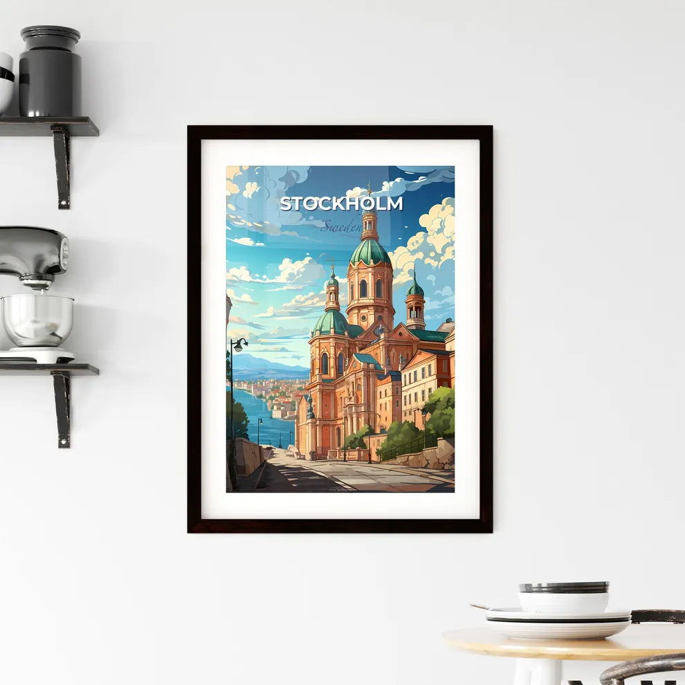 Stockholm, Sweden, A Poster of a large building with towers and a river in the background Default Title