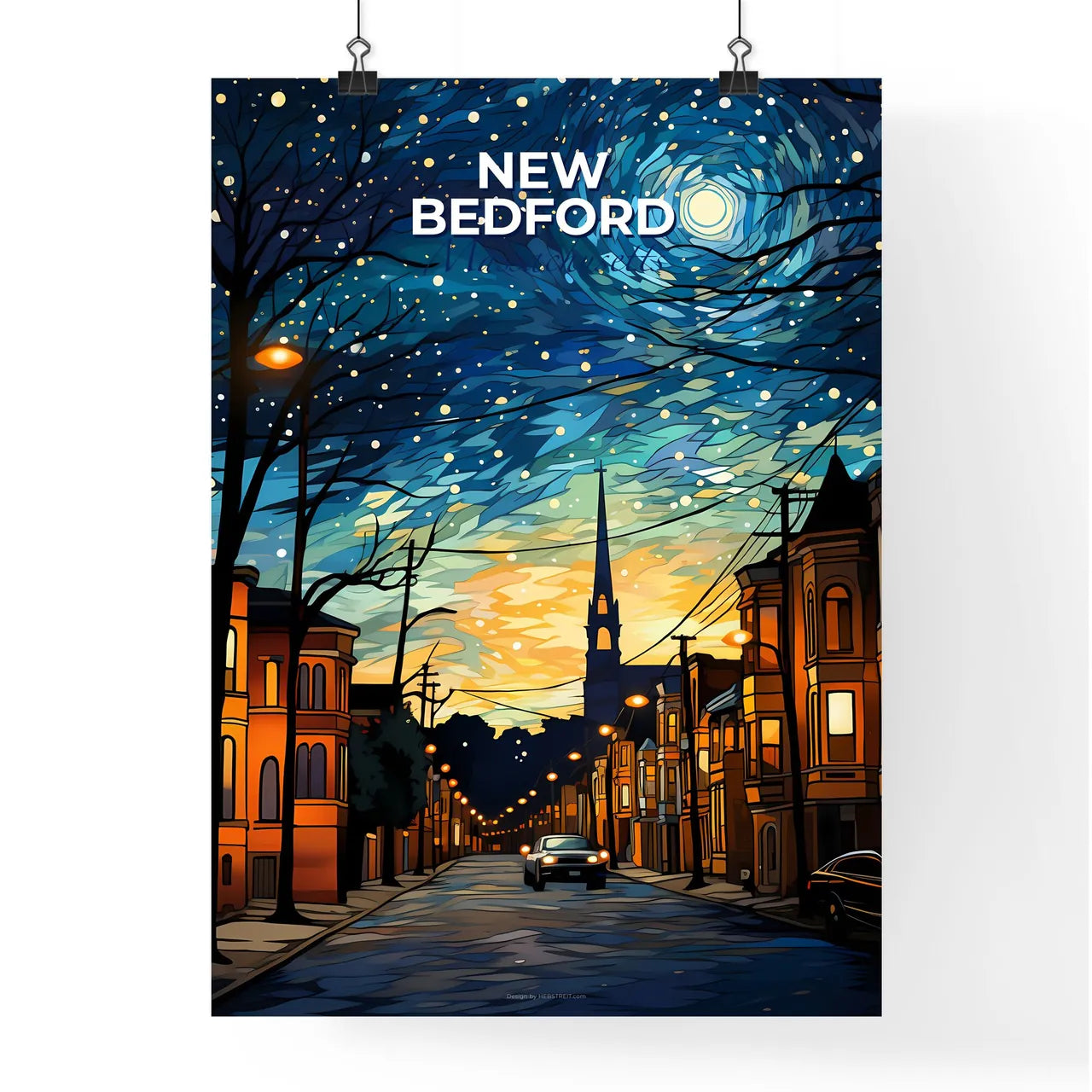 New Bedford, Massachusetts, A Poster of a street with cars and buildings at night Default Title