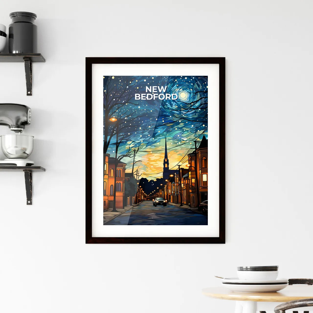 New Bedford, Massachusetts, A Poster of a street with cars and buildings at night Default Title