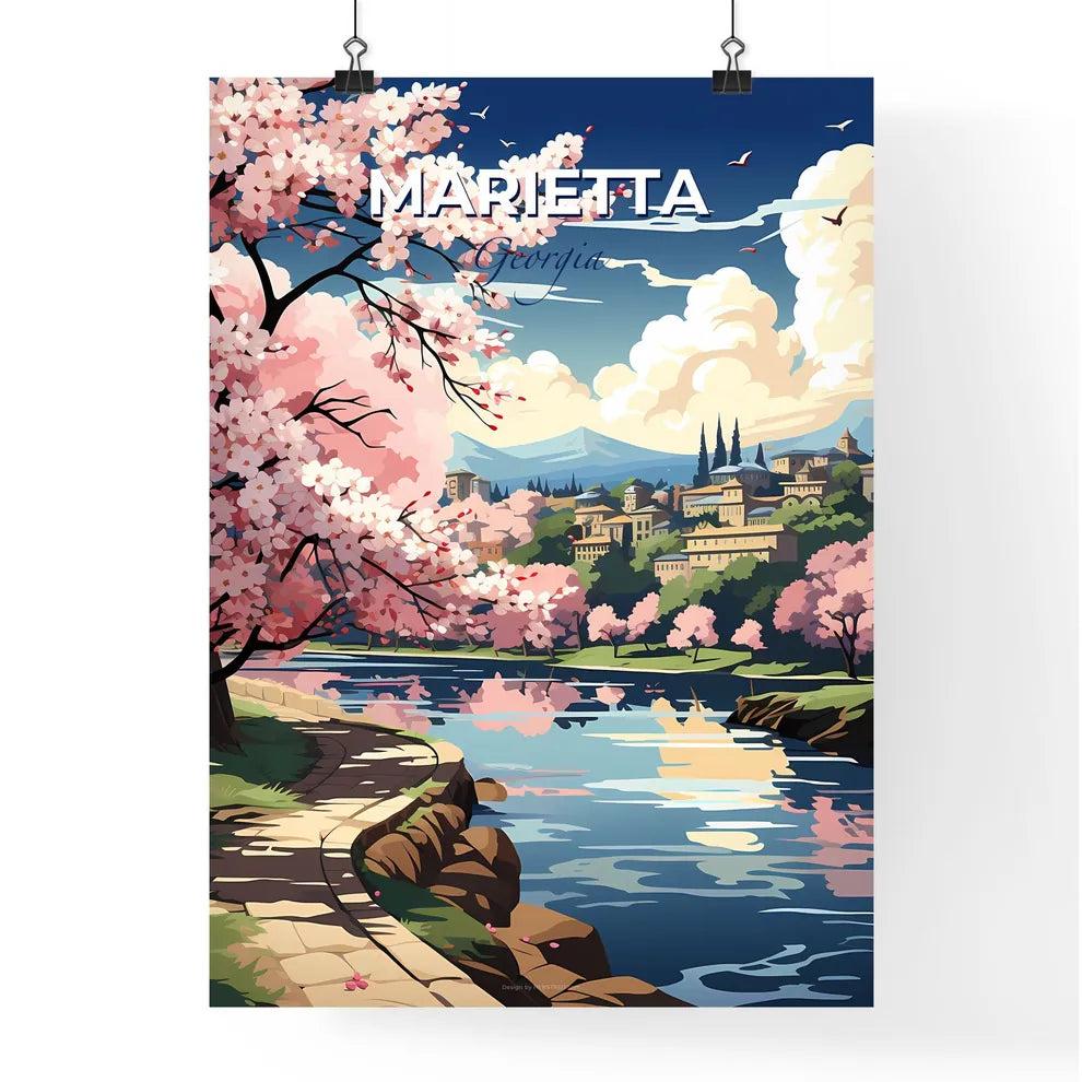 Marietta, Georgia, A Poster of a river with pink trees and buildings in the background Default Title