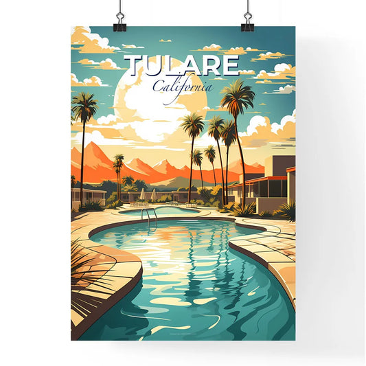 Tulare, California, A Poster of a pool with palm trees and mountains in the background Default Title