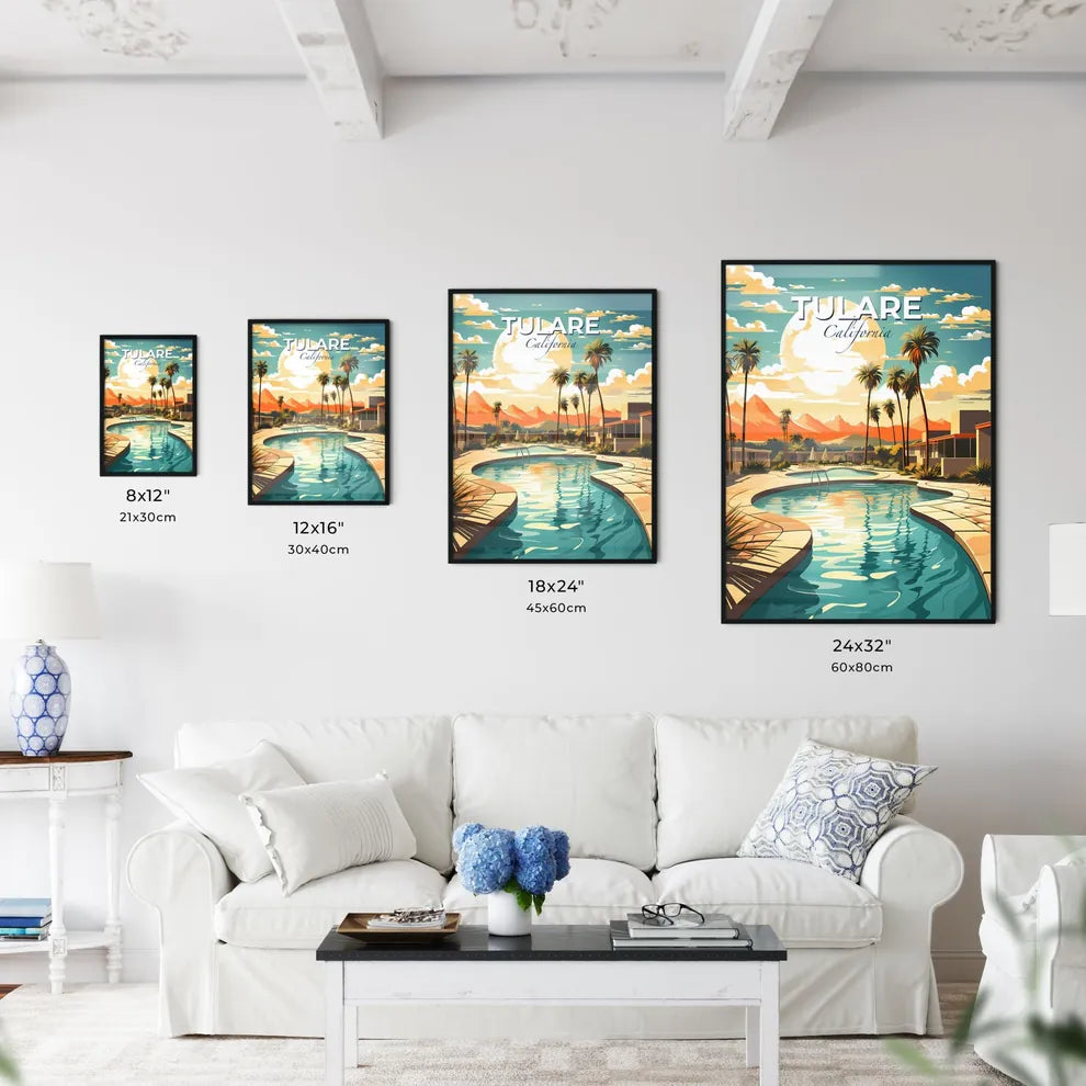 Tulare, California, A Poster of a pool with palm trees and mountains in the background Default Title