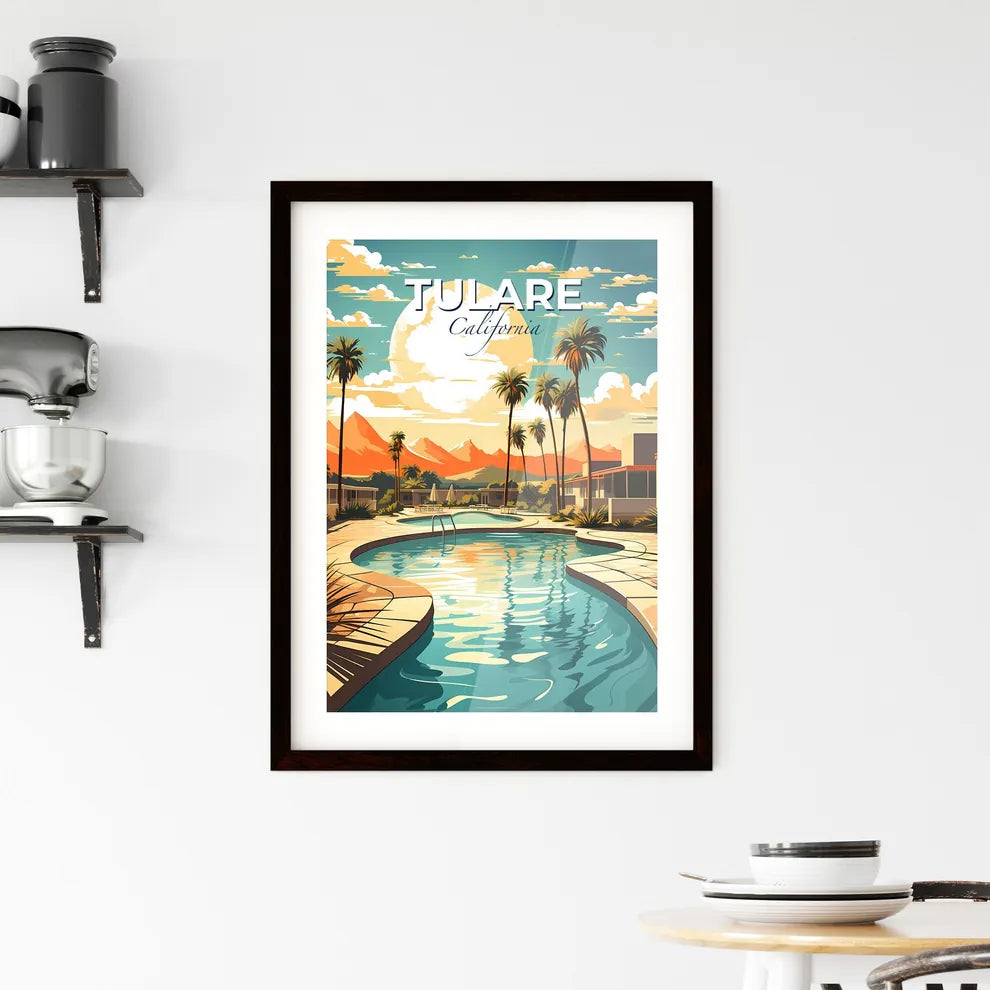 Tulare, California, A Poster of a pool with palm trees and mountains in the background Default Title