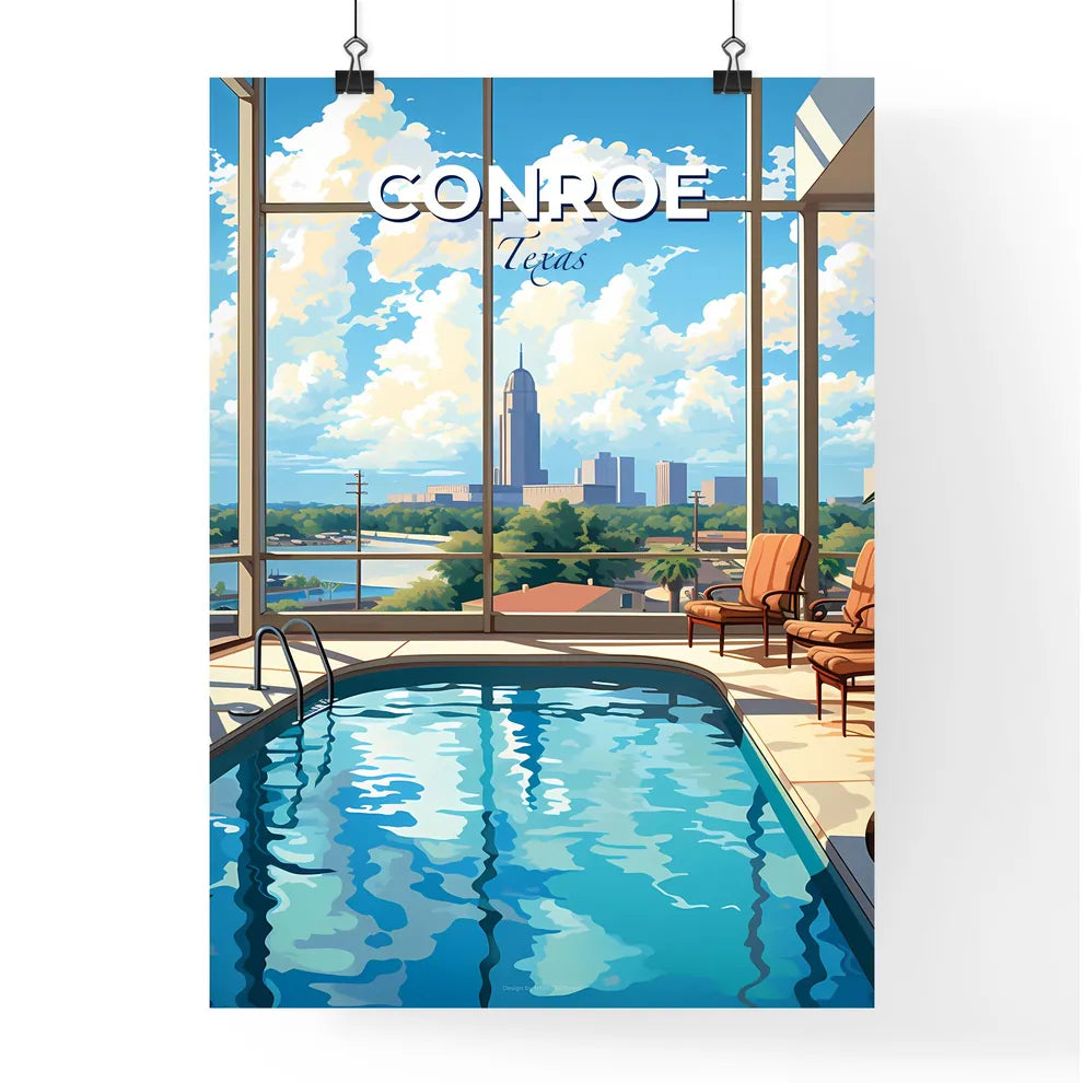 Conroe, Texas, A Poster of a swimming pool with chairs and a large window Default Title