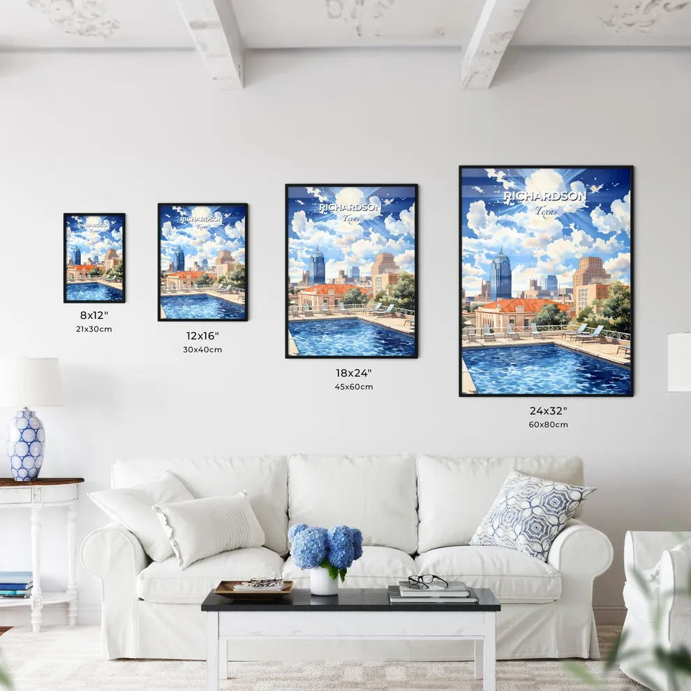 Richardson, Texas, A Poster of a pool with chairs and trees in front of a city Default Title