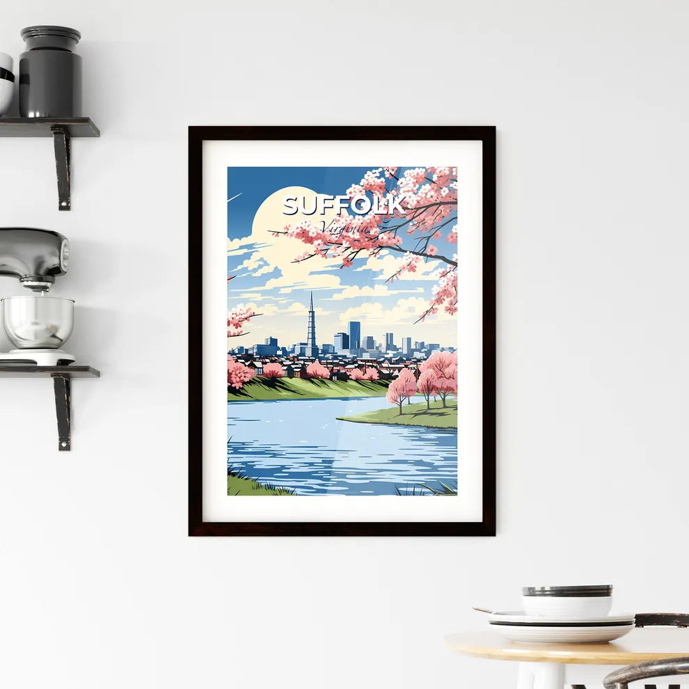 Suffolk, Virginia, A Poster of a river with pink blossoms and a city in the background Default Title