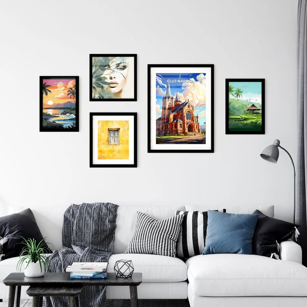 Cluj-Napoca, Romania, A Poster of a building with a steeple and trees and clouds in the sky Default Title