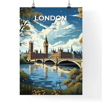 London, England, A Poster of a bridge over a river with a castle and trees