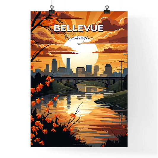 Bellevue, Washington, A Poster of a sunset over a river with a bridge and a city in the background Default Title
