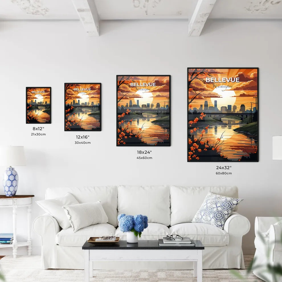 Bellevue, Washington, A Poster of a sunset over a river with a bridge and a city in the background Default Title