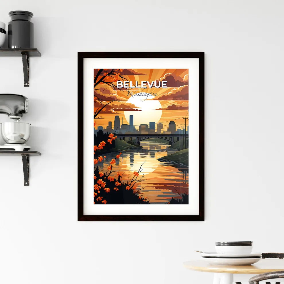 Bellevue, Washington, A Poster of a sunset over a river with a bridge and a city in the background Default Title