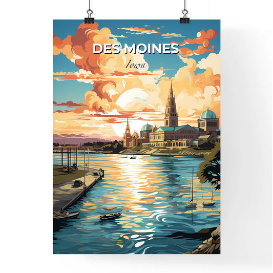 Des Moines, Iowa, A Poster of a water body with boats and buildings in the background Default Title