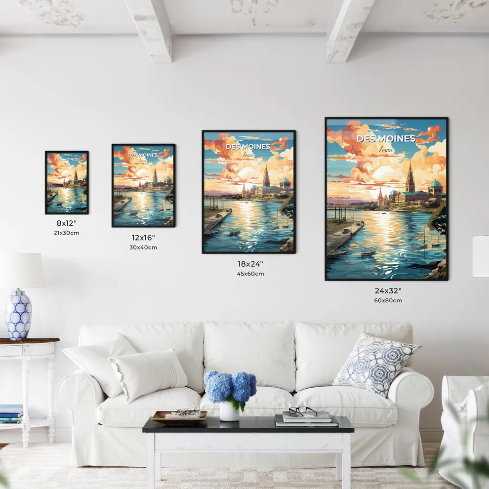 Des Moines, Iowa, A Poster of a water body with boats and buildings in the background Default Title