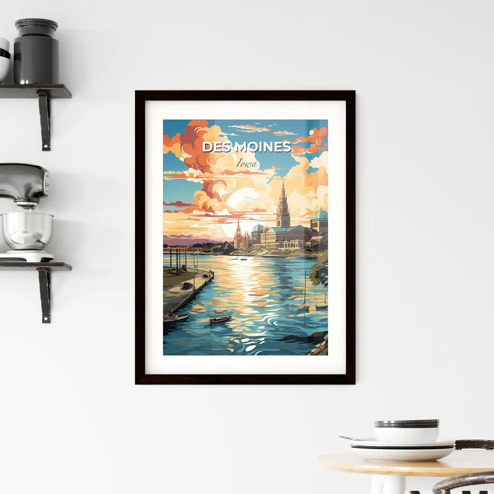 Des Moines, Iowa, A Poster of a water body with boats and buildings in the background Default Title