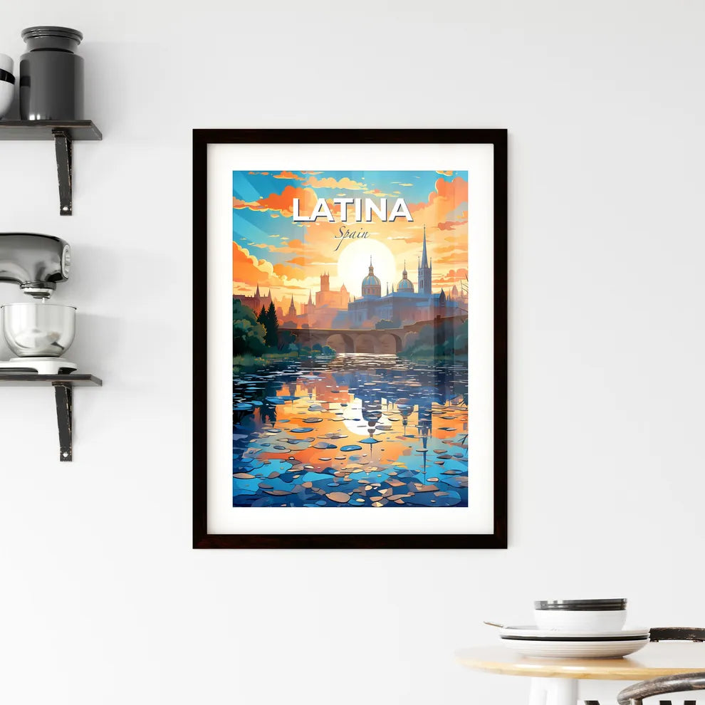 Latina, Spain, A Poster of a water body with a bridge and a city with a bridge and trees Default Title