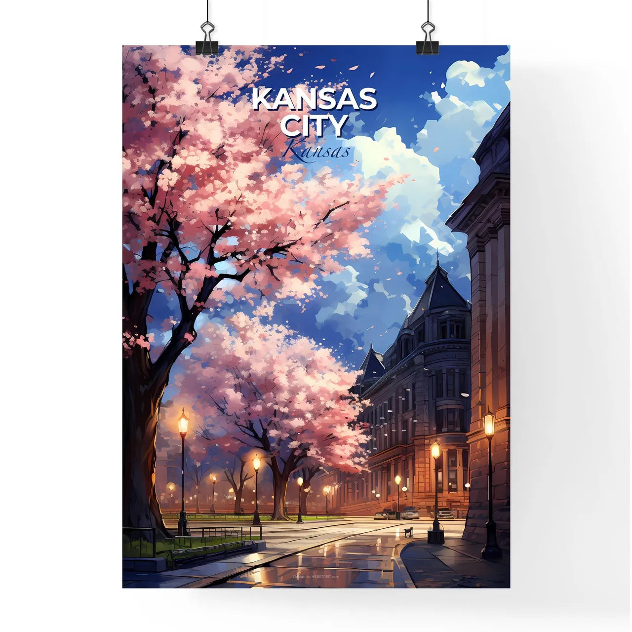 Kansas City, Kansas, A Poster of a street with pink trees and buildings Default Title